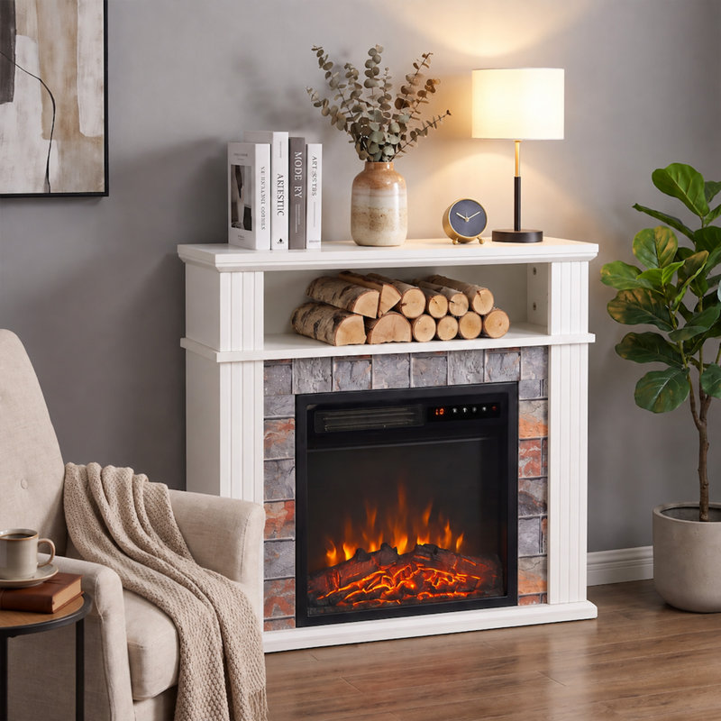 Freestanding Electric Fireplace Suite, 1800W, Open Shelf, LED Flame, White, Black