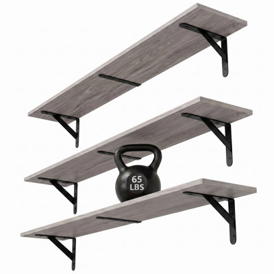 Floating Shelves for Wall 32″W x 8″D, Long Wall Mounted Shelves Set of 3, Wood Book Shelves Decor, Farmhouse Display Shelf for Bedroom, Living Room, Laundry Room, Kitchen, Bathroom, Grey