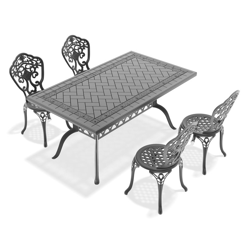All-Weather 5 Cast Aluminum Dining Suite, Black Frame, Delicate Carving Motifs, Superior Resistance To Weather & Corrosion, Ergonomic Seating Feature, Slip Pad, Easy Assembly Mode Array, Graceful