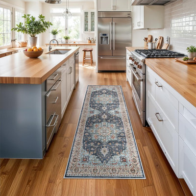 Washable Oriental Area Rug - Rugs for Living Room Soft Carpet for Bedroom Waterproof Floral Distressed Indoor Stain Resistant Non-Shedding Floor Carpets (Blue/Teal/Orange)