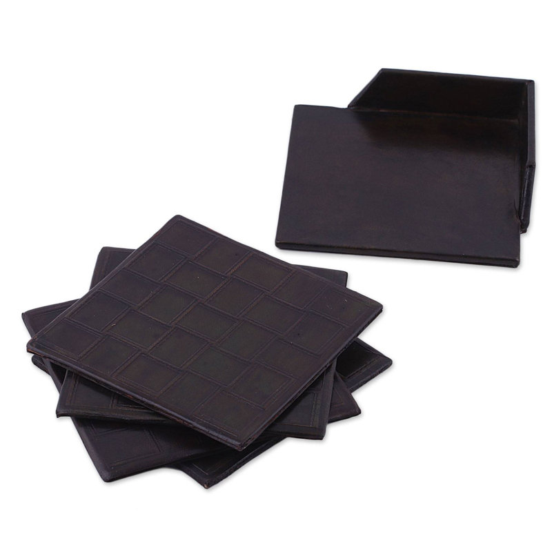 Leather / Faux Leather Agate Ceramic Jute Leather Crystal Square Round 4 Piece Coaster Set with Holder Set