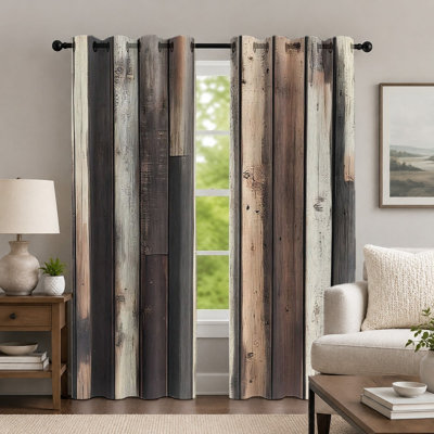 2Pcs Rustic Wooden Plank Printed Curtains, Farmhouse Style Curtain, Vintage Vertical Wood Grain Pattern Grommet Drapes, Window Treatment for Bedroom Living Room Decor