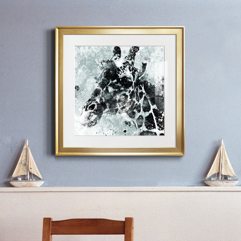 Girafe - peinture encadrée, Papier encadré doré, H 17,5 po x l 17,5 po x P 1,5 po