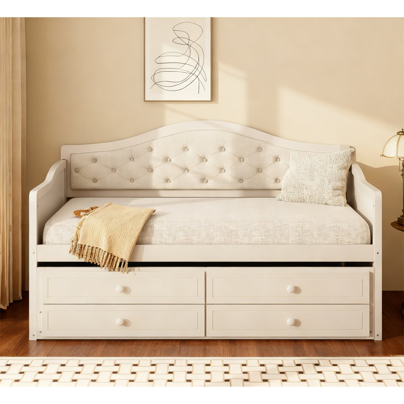 Modern Daybed with 2 Storage Drawers and Trundle, Beige