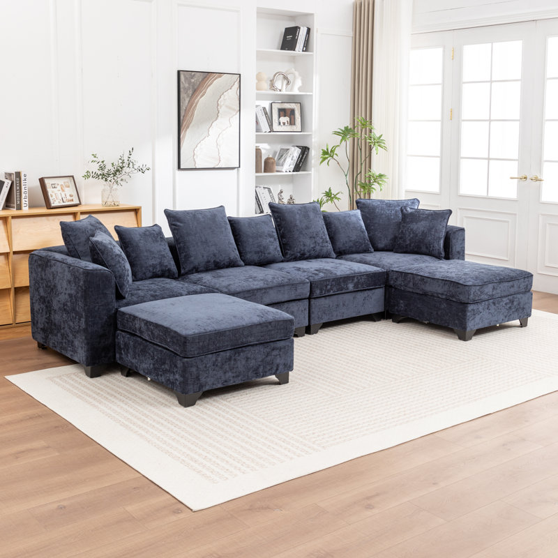 Canapé modulaire en U avec 2 repose-pieds Bennett, Chenille bleu