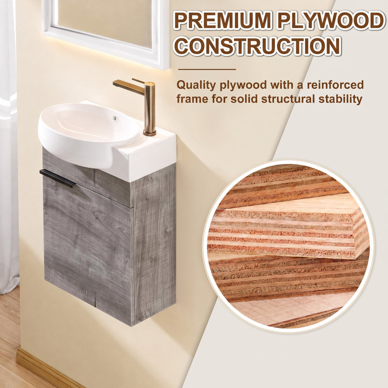 Meuble-lavabo suspendu de 40,6 cm (16 po) avec lavabo en céramique, porte à fermeture douce et rangement, blanc, Grey