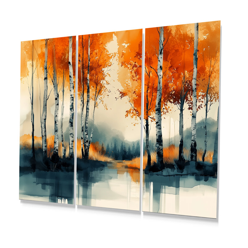 «Autumn Tree In Forest Panorama I», ensemble d'art mural forêt, Métal métal, H 32 po x l 48 po x P 1 po