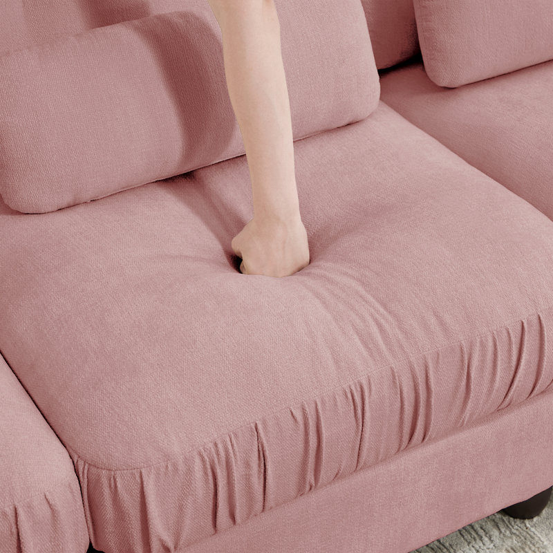Canapé modulaire 3 places en chenille souple à volants, style transitionnel, dossier capitonné, accoudoirs arrondis et coussins lombaires, rose
