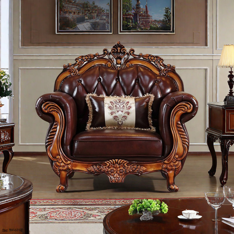 Canapé sculpté de style européen. Fauteuil en cuir véritable capitonné de 53 po de largeur