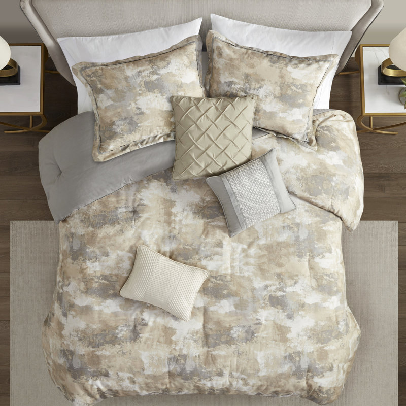 Édredon 7 pièces - literie à imprimé abstrait très grand et 1 jupe de lit tissage gris lavable à la machine