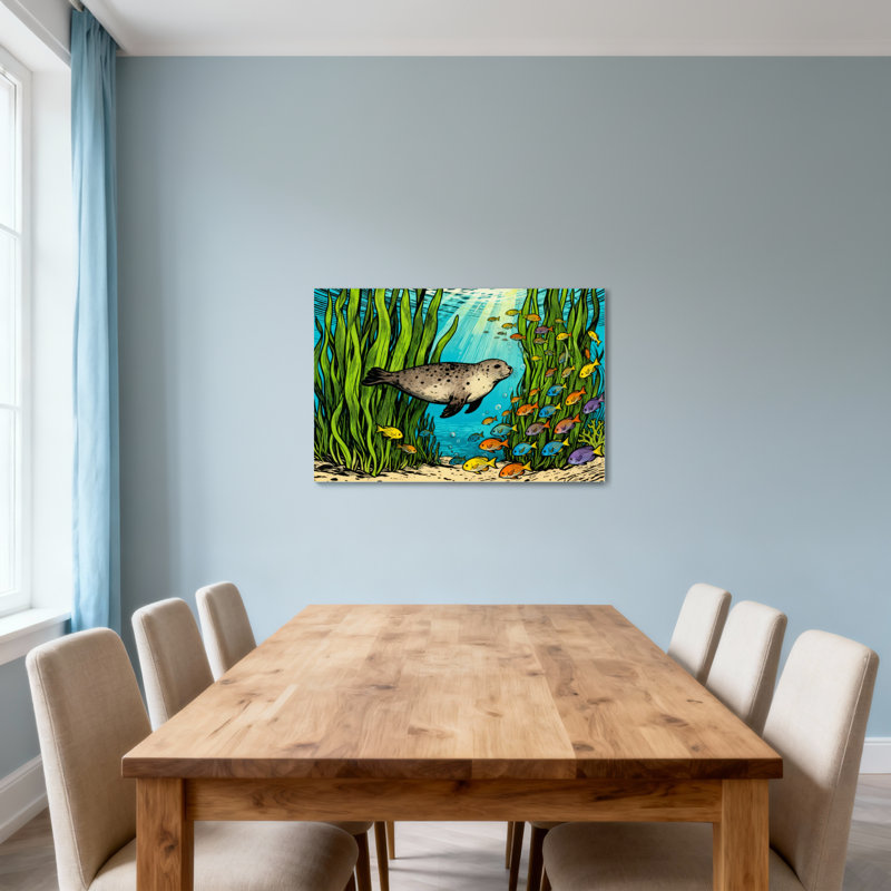 Animals Seal Swims Among Seaweed And Colorful Fish, 24" H x 36" W
