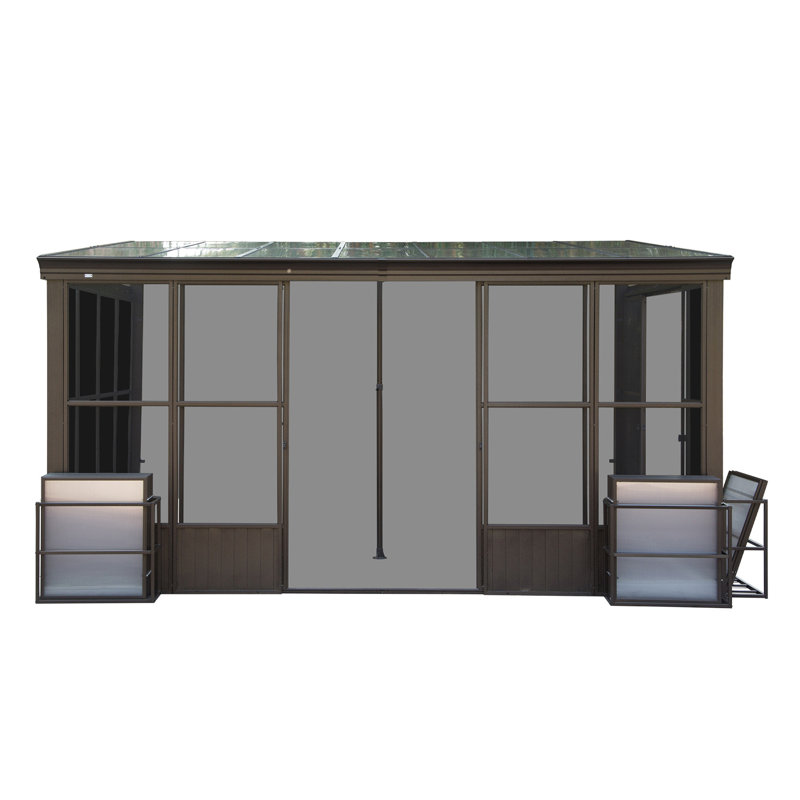 12X14ft All Season Sunroom, Outdoor Permanent Wall Mounted Solarium With Detachable Polycarbonate Windows, Aluminum Lean To Gazebo Sun Room With 2 Lockable Sliding Doors For Garden Patio Deck