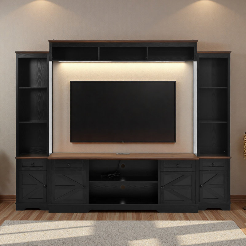 98.8" W Wall Unit Entertainment Center With Bookshelves For Tvs Up To 80", Modern TV Stand Media Console With Cabinets And Adjustable Shelves For Living Room