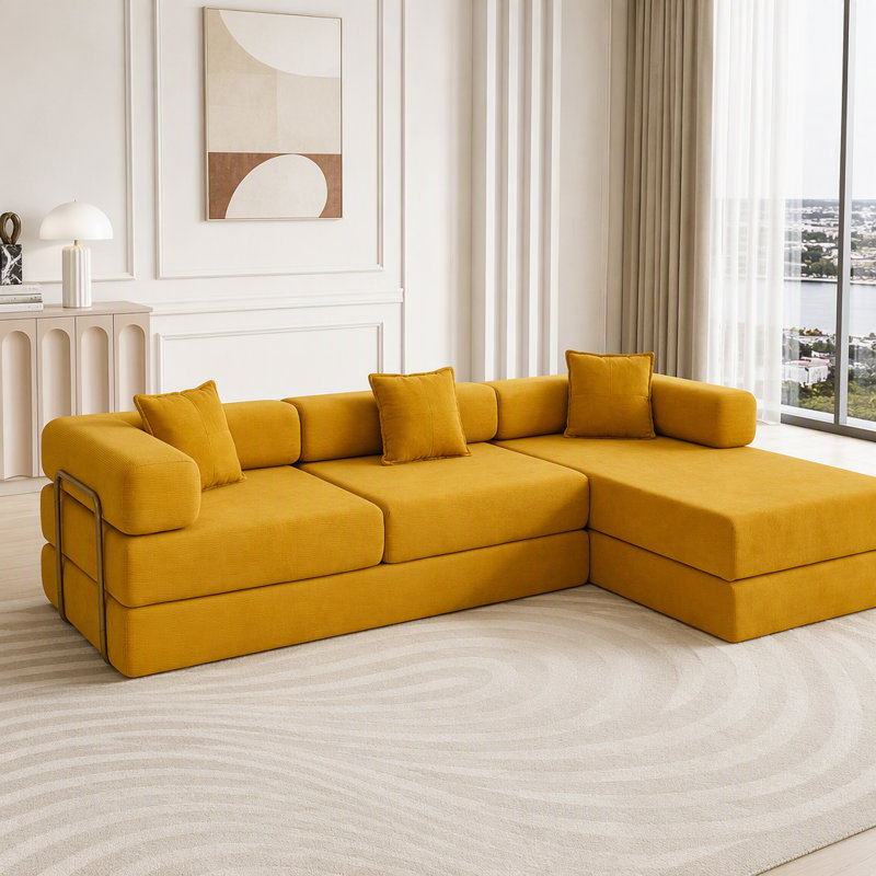 Canapé modulaire en velours côtelé modulaire avec méridienne en L, sans assemblage, Jaune
