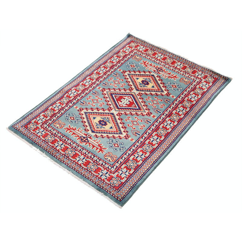 Tapis décoratif en laine noué à la main bleu clair, rouge, ivoire et motif géométrique médaillon 2 x 3 pi