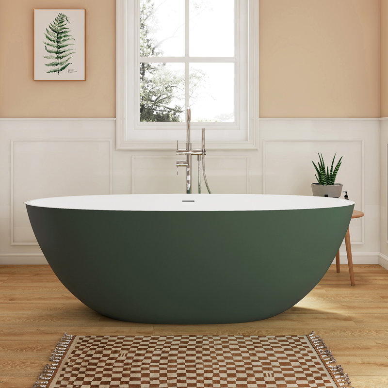 Fslefay 65'' Freestanding Bathtub Solid Surface Stone Resin Free Standing Soaking Tub with Overflow and Pop-up Drain, Green