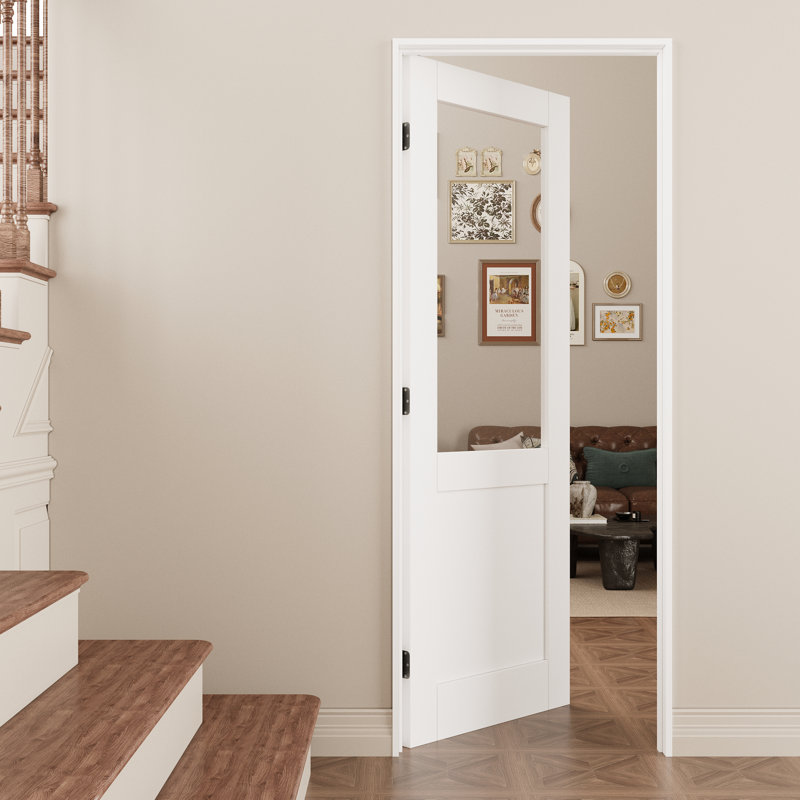 Porte intérieure semi-vitrée en verre clair, porte prémontée en MDF CARB P2 avec verre trempé certifié SGCC, avec ensemble de chambranle, joint d'étanchéité, charnières noires et ouverture vers l'intérieur à gauche, préfinie et facile à teindre soi-même, garde-manger, chambre, salle de bain et placard, 91,4 cm x 203,2 cm