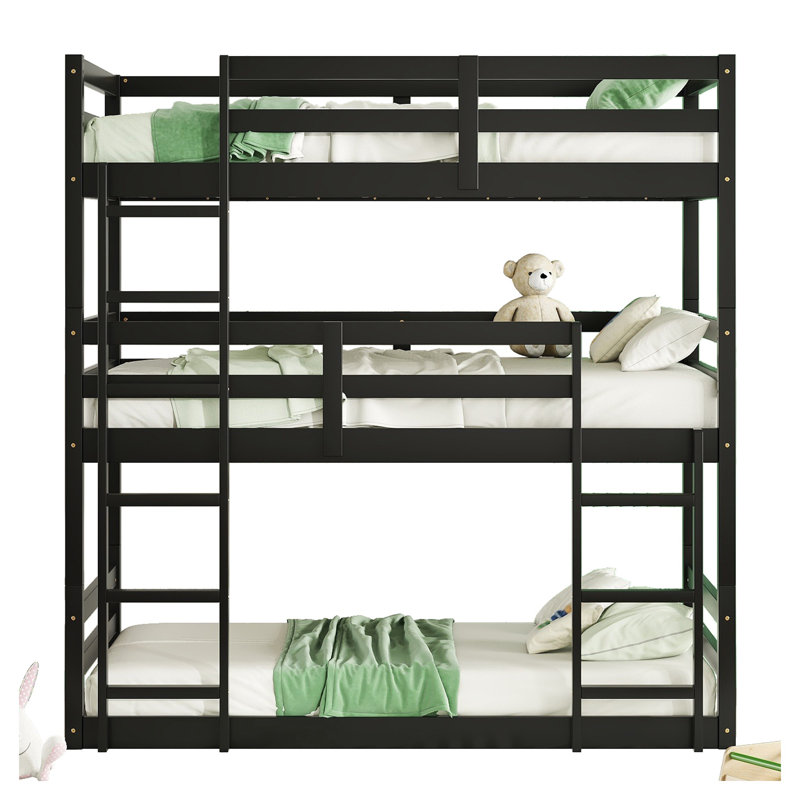 Lit superposé triple en bois d'hévéa massif, cadre de lit superposé en bois à 3 niveaux avec garde-corps et échelle, lit superposé robuste pour enfants, adolescents et adultes, aucun sommier nécessaire
