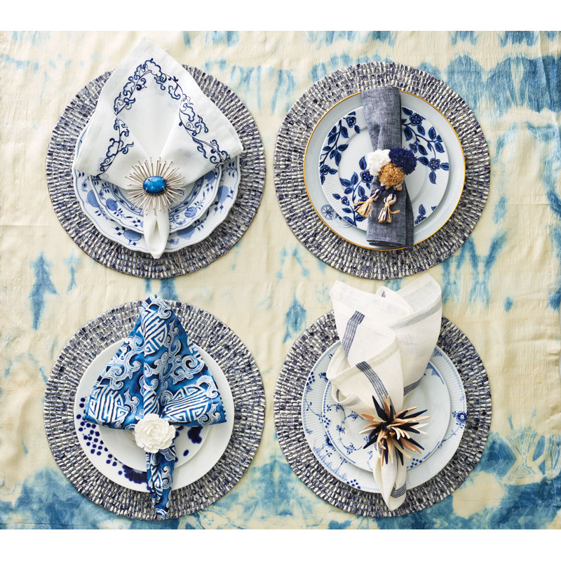 Ming Border Linen Napkin, White/Navy