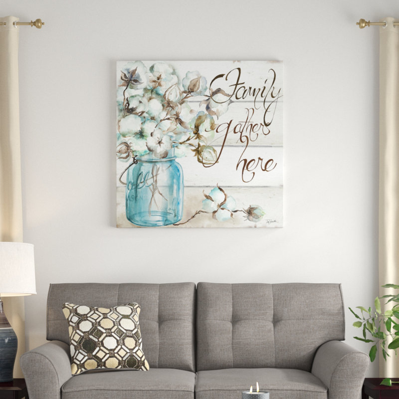 «Cotton Boll in Mason Jar Family Gather Here», reproduction d'art encadrée, H 30 po x l 30 po x P 1,5 po