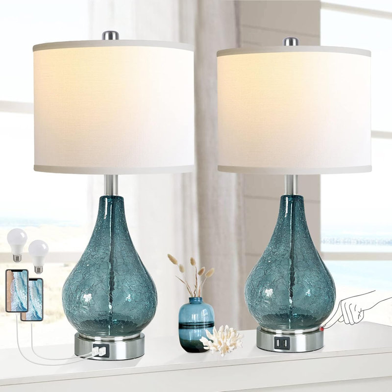 Ensemble de 2 lampes de table en verre pour le salon et la chambre à coucher, 2 lumières DEL de 22,5 po à commande tactile, à intensité variable, bleues, pour la décoration intérieure avec abat-jour en tissu blanc