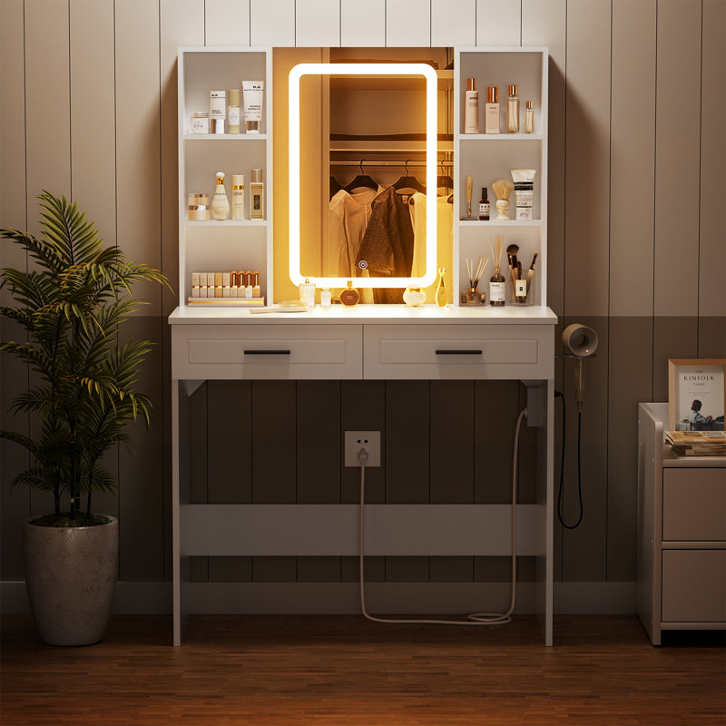 Meuble-lavabo de maquillage avec miroir lumineux à 3 couleurs DEL et prise de courant