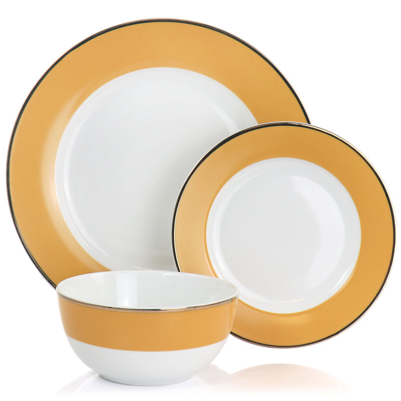 Yellow Ceramic 12-Piece Dinnerware Set with Gold Rim