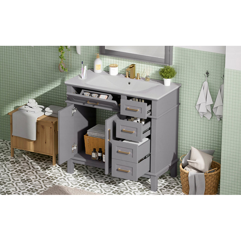 Meuble-lavabo 36 po avec lavabo en céramique, Gris, Doré