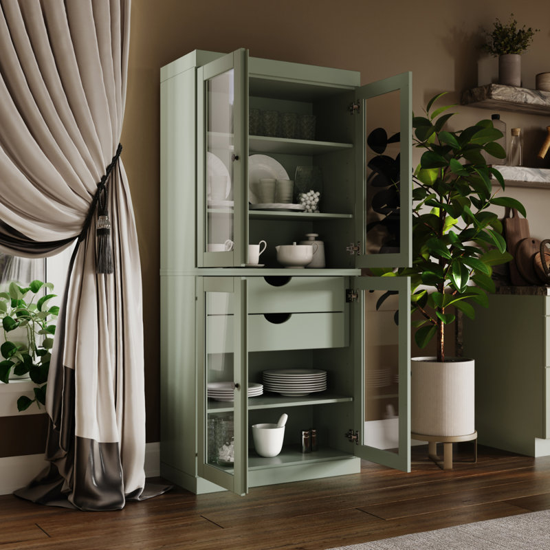 Garde-manger 100% bois massif Kaniesha 32 po avec portes en verre transparent, 2 tiroirs et tablettes réglables, Sauge