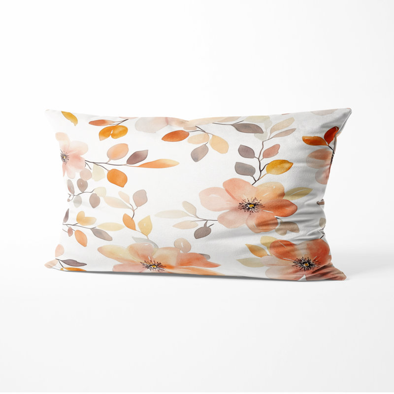 Coussin décoratif Boho - imprimé floral orange et cerisier blanc, H 12 po x l 20 po