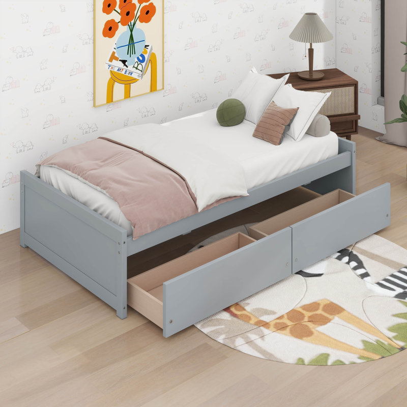 Lit plateforme simple en bois avec 2 tiroirs, lit plateforme en bois, Gris