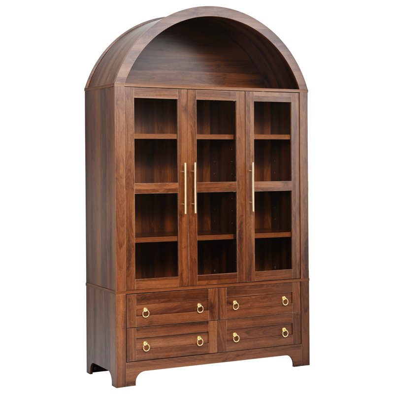 Grand garde-manger avec portes, 4 tiroirs, poignées dorées et tablettes réglables, Noyer