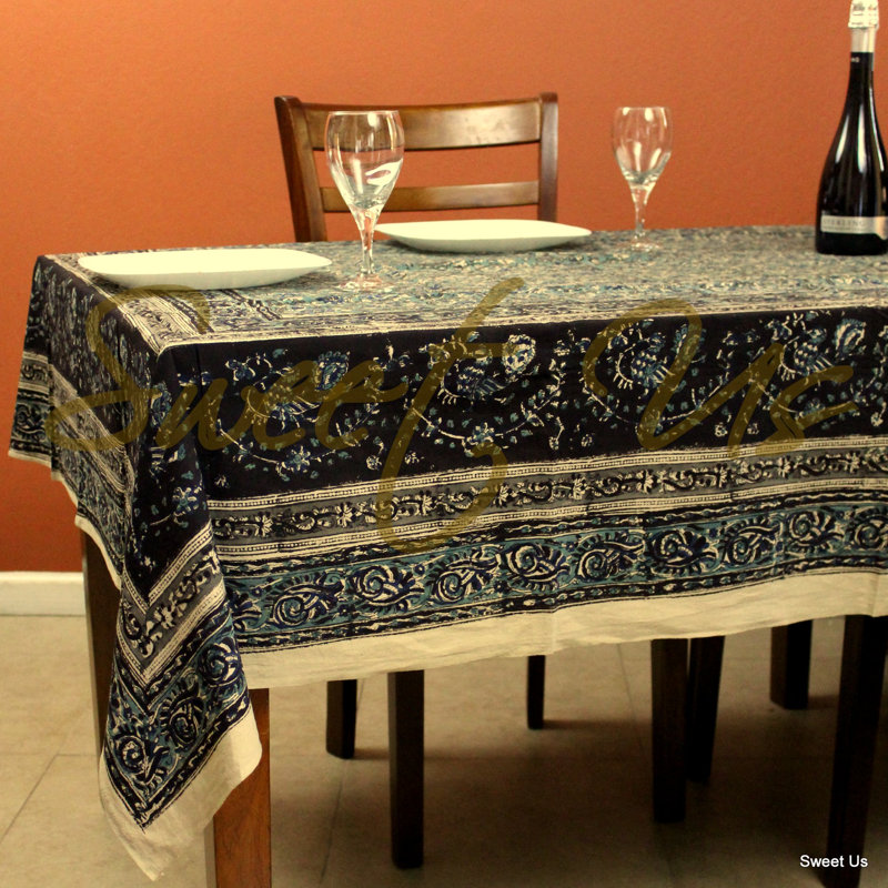 Cotton Vegetable Dye Hand Block Print Tablecloth Rectangle Green Gold Beige, 104" L x 88" W, Blue