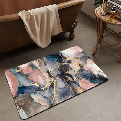 Tapis pour salle de bain, tapis rose, bleu et doré, antidérapant, à séchage rapide, ultra-absorbant, sous la porte - Tapis de salle de bain faciles à nettoyer - Tapis de douche pour baignoire (16 po x 24 po)