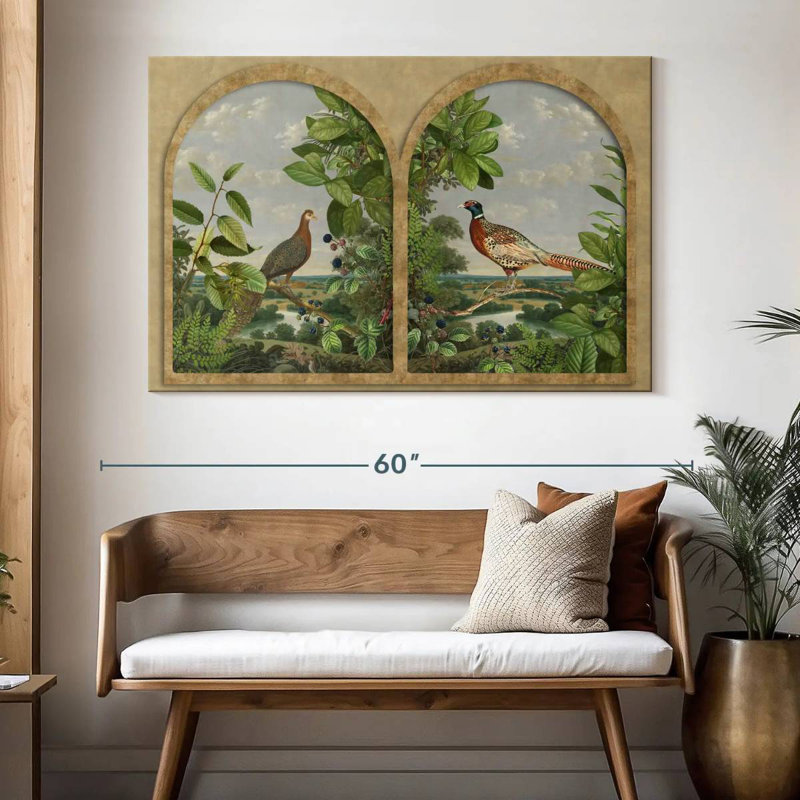 Fenêtre antique avec oiseaux nordiques, H 34 po x l 51 po