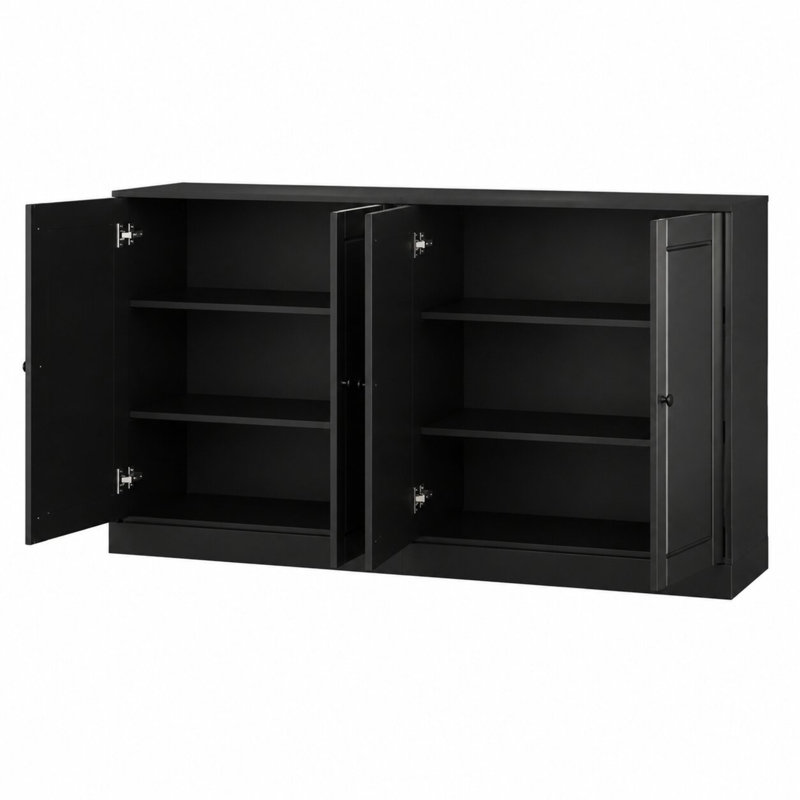 Meuble télé 100% bois massif, console de 64 po de largeur avec portes à panneau surélevé et rangement, Noir