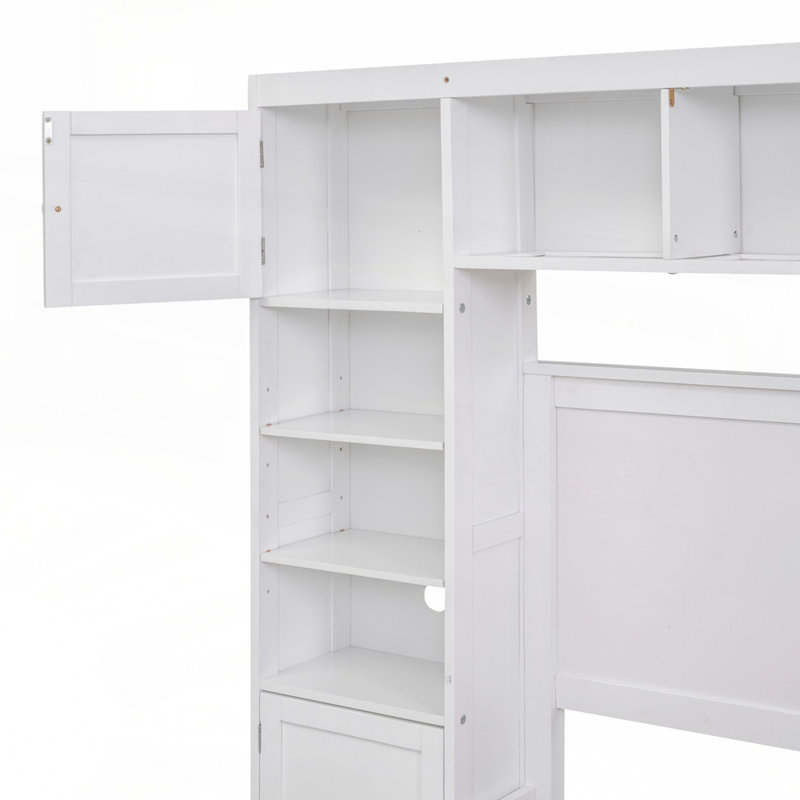 Lit en bois de pin robuste avec rangement intégré, tablettes et armoires pour une utilisation maximale de l'espace, Blanc