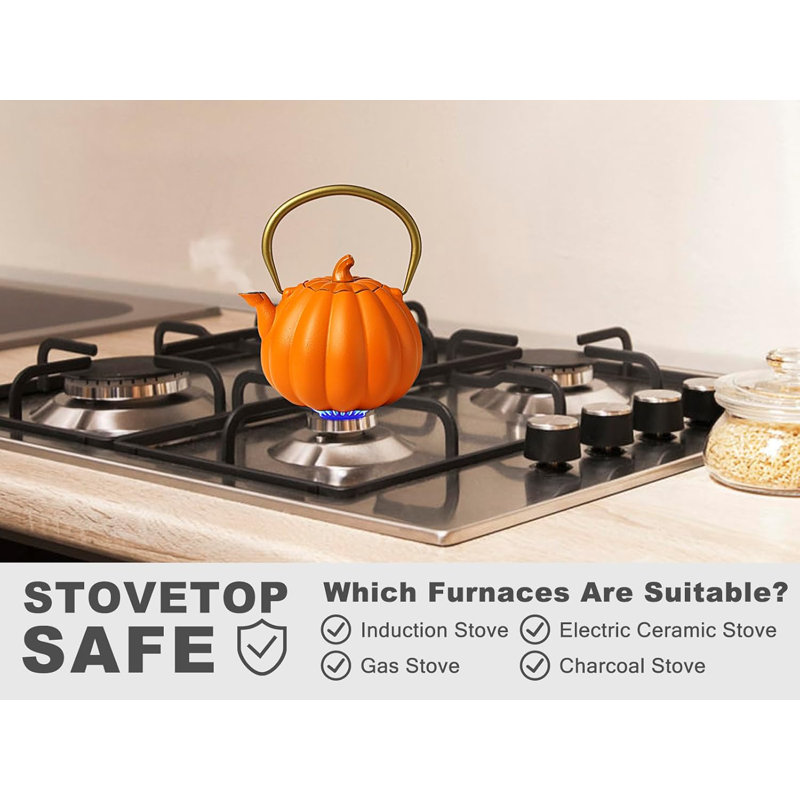 40oz Orange Pumpkin Cast Iron Teapot with Gold Handle