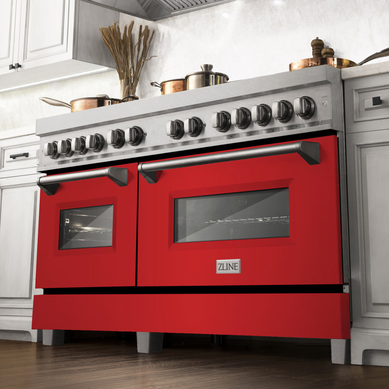 ZLINE 60" Legacy Dual Fuel Range, Satin Stainless Steel and Red Matte