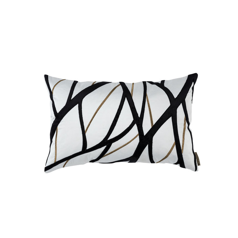 Ivory and Black Embroidered Silk Rectangular Throw Pillow