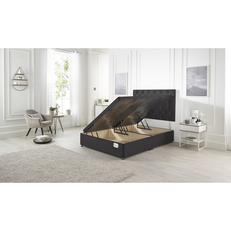 Orchid Side Lift Ottoman Divan Bed Base with Upholstered Headboard, Black Plush Velvet, Super King (6')