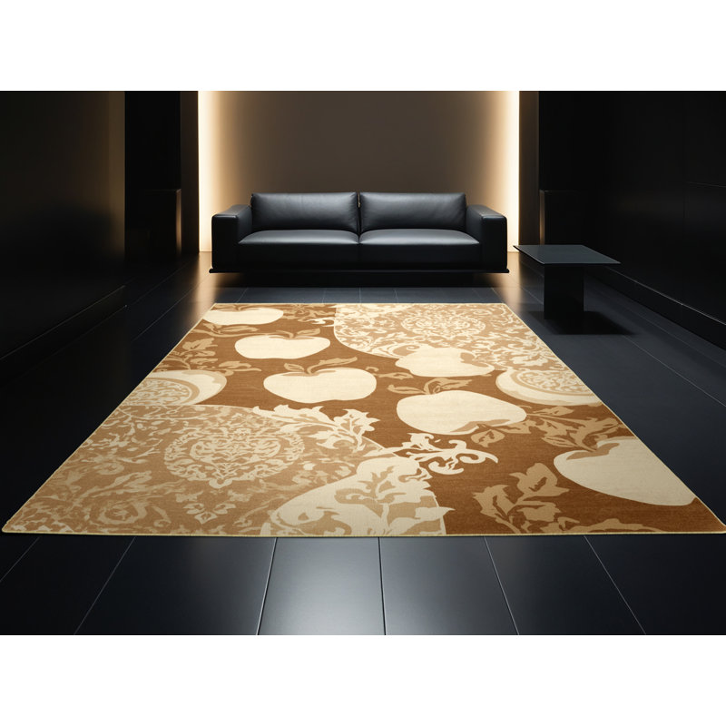 Machine Washable Wilkerson Apple Classic Damask Rug in Beige – Yellow Binding, 2x3