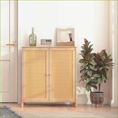 Cabinets with Woven Rattan Doors &amp; Adjustable Shelves | Mid-Century | Beige | Particle Board