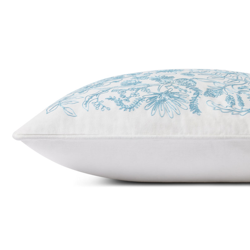 Aviary Blue Embroidered Cotton Lumbar Pillow