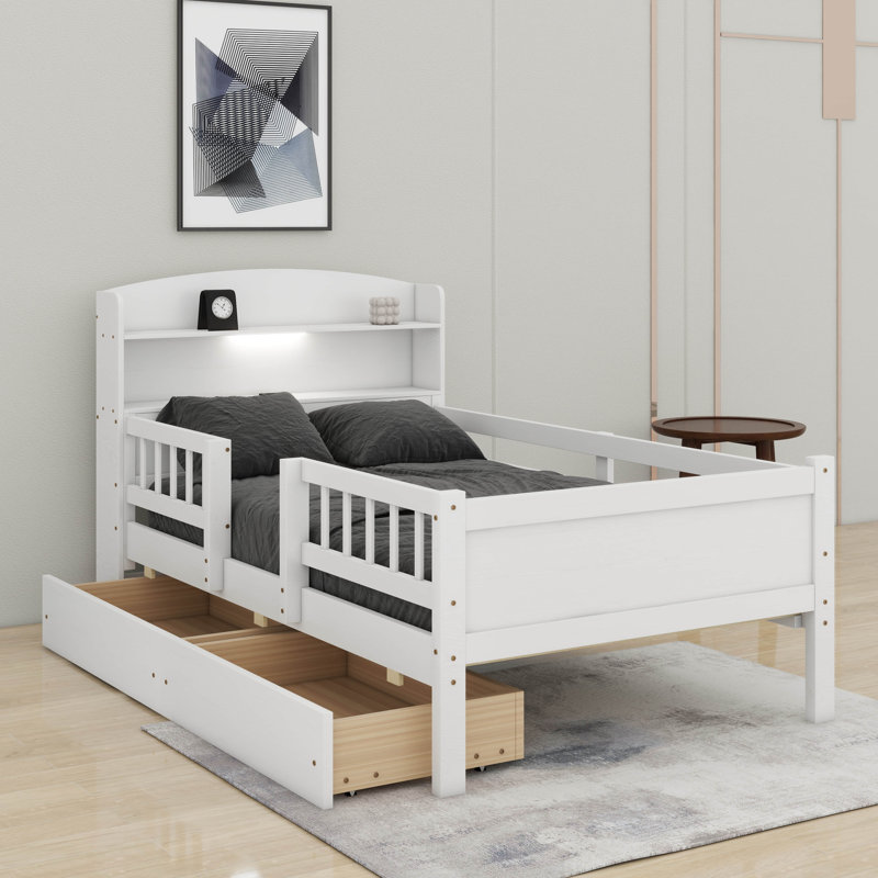 Lit plateforme en bois avec lumière DEL, tête de lit multifonctionnelle, garde-corps et 2 tiroirs, Blanc