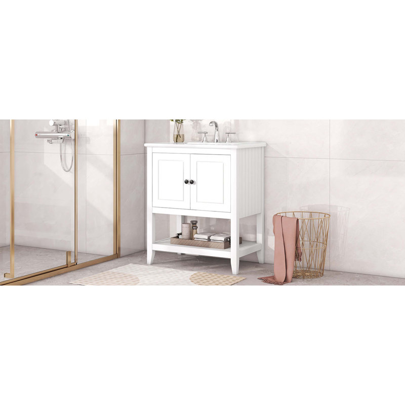 White 30" Modern Bathroom Vanity with Ceramic Sink and Solid Wood Frame