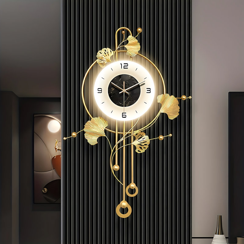 Grande horloge murale 28 po x 20 po dorée moderne en métal Ginkgo | Horloge murale décorative élégante avec lumière DEL