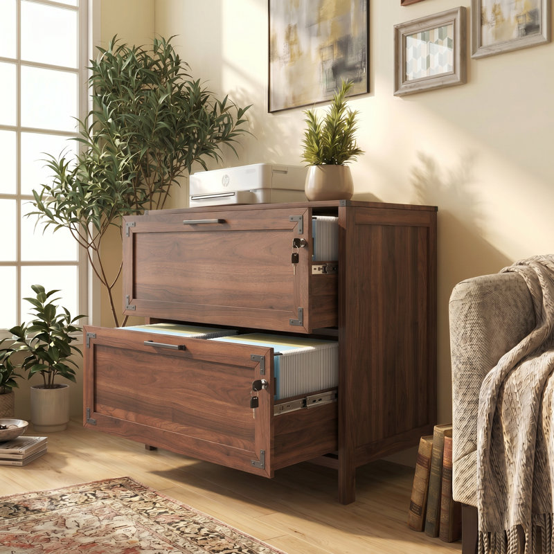 Classeur en bois avec 2 tiroirs verrouillables Shutesbury, Noyer