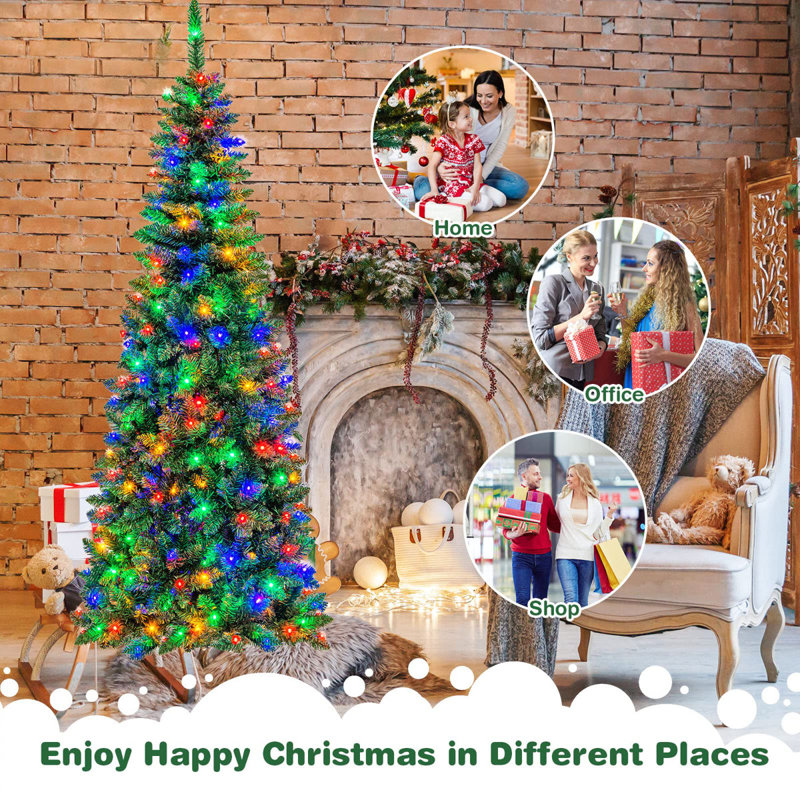 Arbre de Noël 7,5 pi avec 250 lumières à DEL blanches artificielles pré-éclairées en PVC 7,5 pi - Design mince à deux tons, facile à assembler pour la maison, le bureau et les fêtes (vert, 743 pointes)