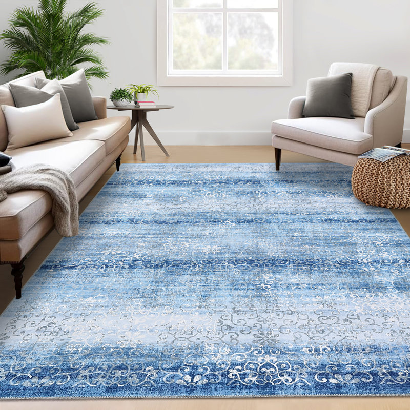 Machine Washable Rugs Ombre Design Non-Slip Low Pile Rubber Backing Modern Floral Area Rug for Living Room Bedroom Kitchen Dining Room and Bedside Decor
